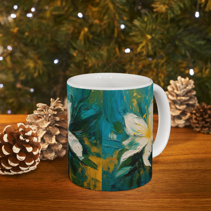 Floral Symphony: Ceramic Mug featuring an Abstract Oil Painting of Jasmine