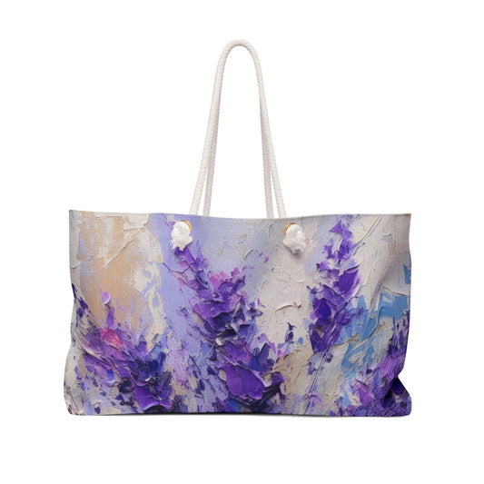 Vibrant Lavender Art on Weekender Bag: A Floral Delight for Your Senses