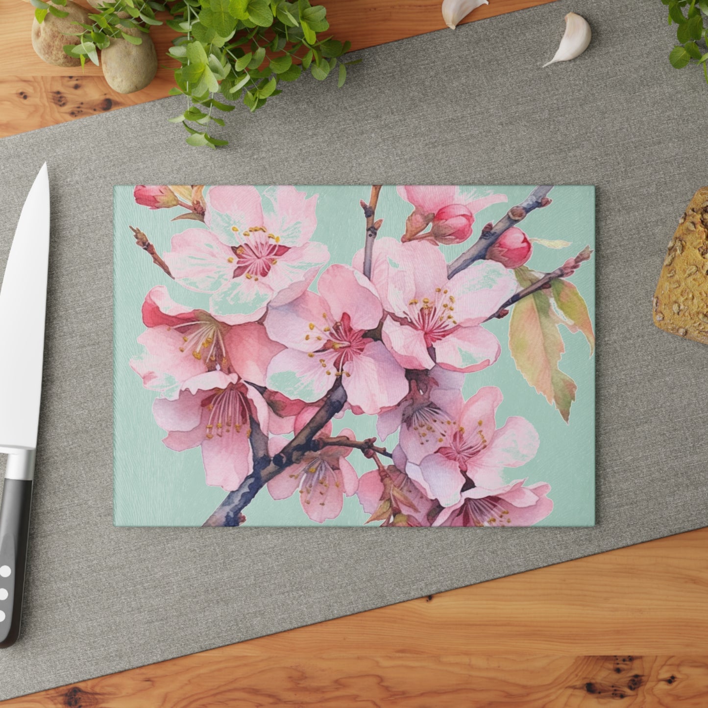 Whimsical Delight: Watercolor Cherry Blossom Tree Glass Cutting Board