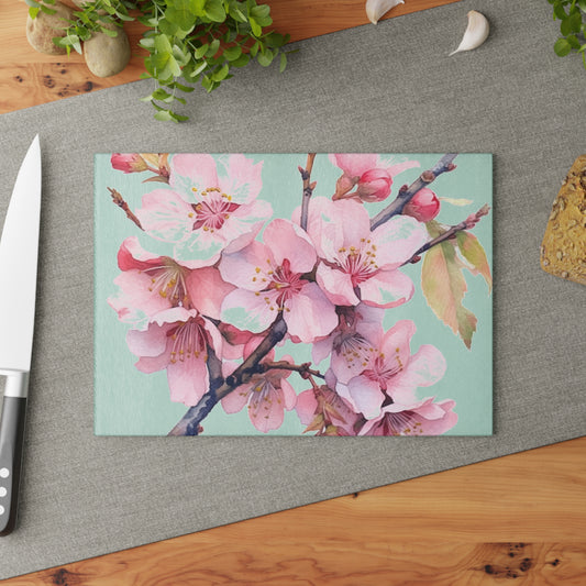 Whimsical Delight: Watercolor Cherry Blossom Tree Glass Cutting Board