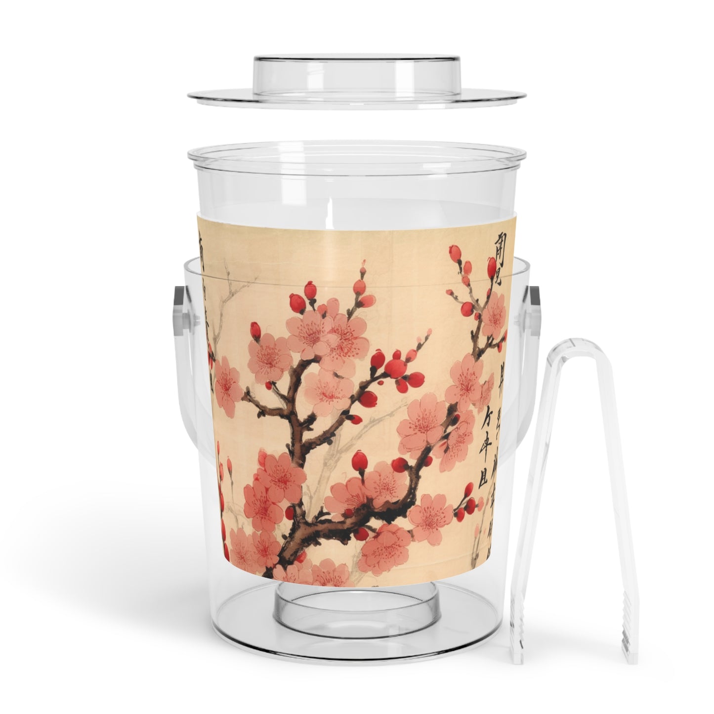 Floral Fusion: Ice Bucket with Tongs Merging Cherry Blossom Beauty and Artistic Flower Drawings