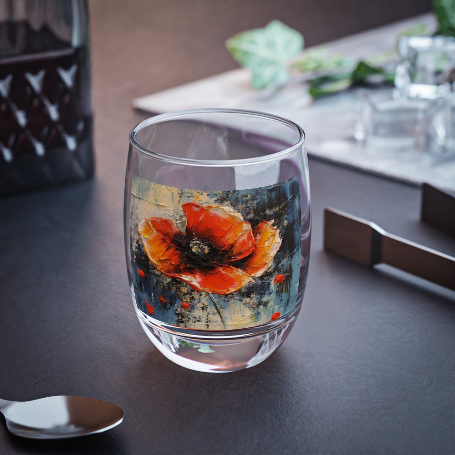 Poppy Elegance: Whiskey Glass with Delicate Flower Drawings