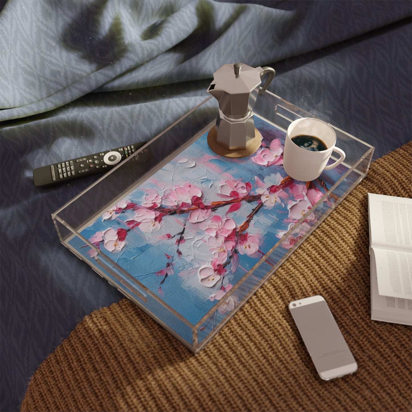 Acrylic Serving Tray with Abstract Cherry Blossom Drawing: Embrace the Serenity