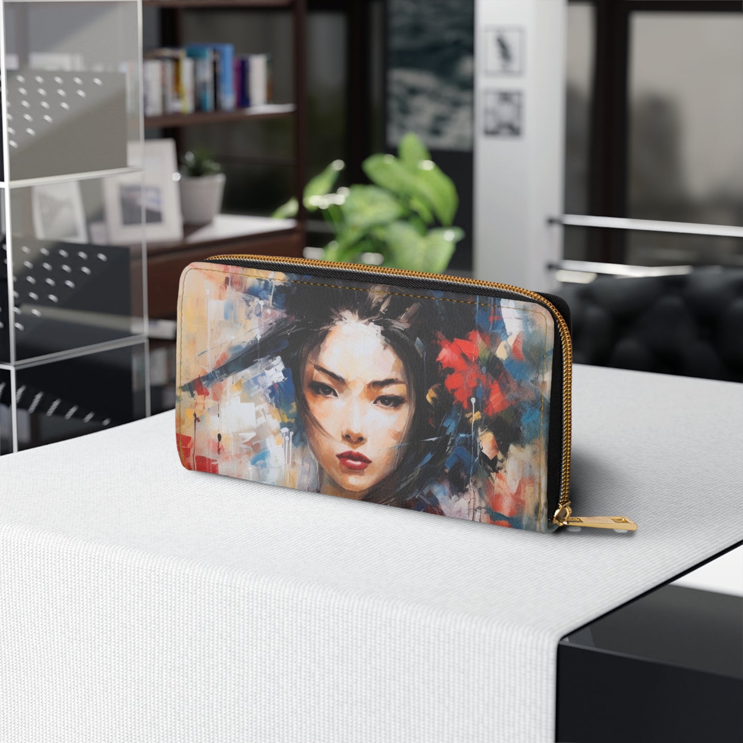 Abstract Geisha Art Zipper Wallet: Captivating Brushstrokes in a Japanese Aesthetic