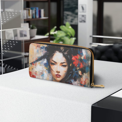 Abstract Geisha Art Zipper Wallet: Captivating Brushstrokes in a Japanese Aesthetic