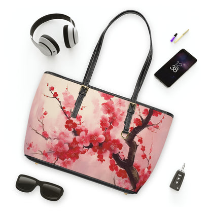 Artistic Floral Elegance: PU Leather Shoulder Bag Showcasing Exquisite Cherry Blossom Renderings