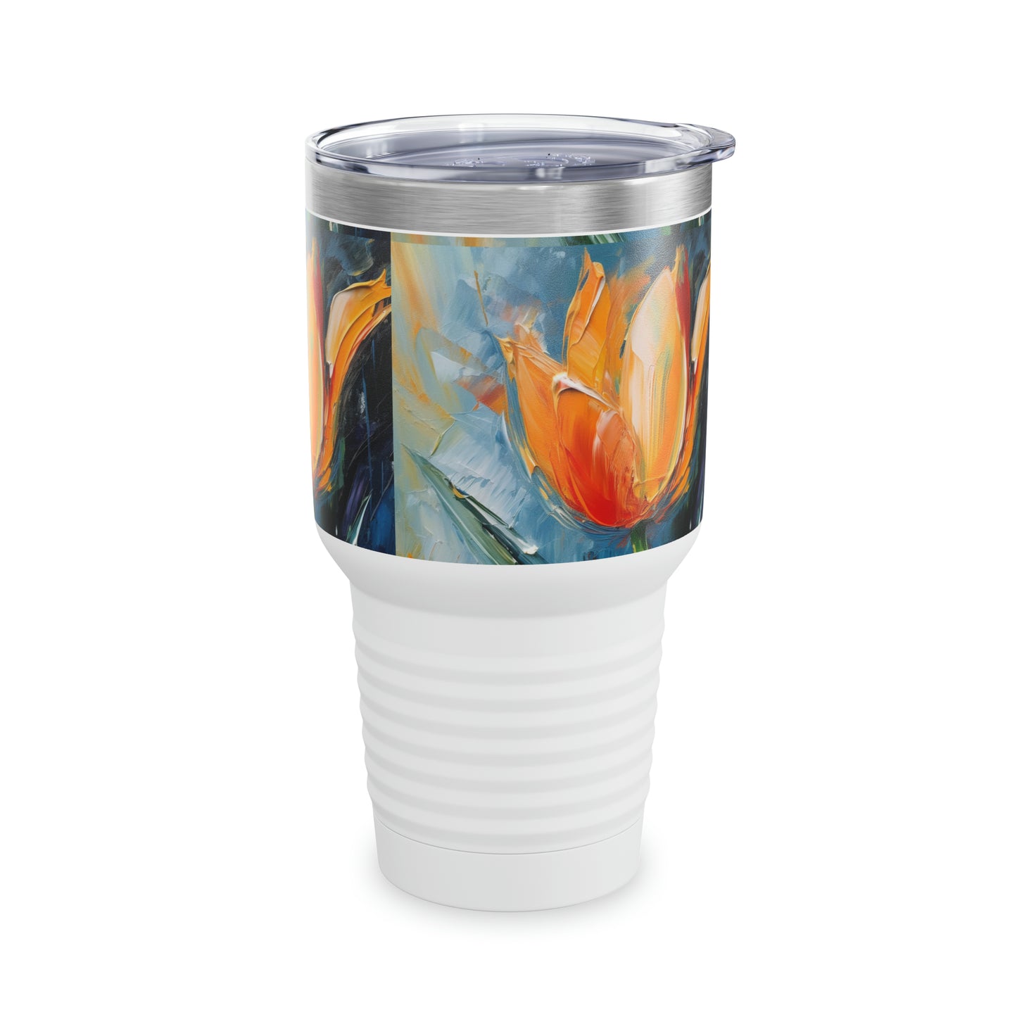 Orange Tulip Magic on Ringneck Tumbler: A Blossoming Abstract Oil Painting