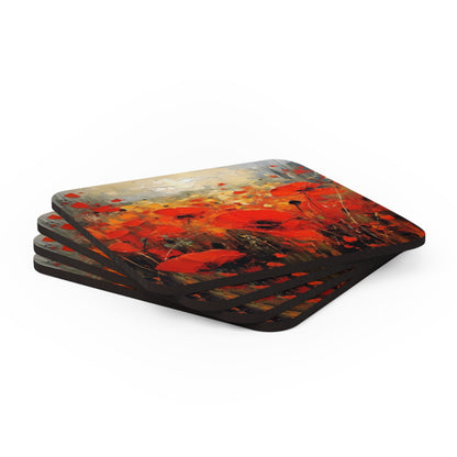 Whimsical Poppy Art on Corkwood Coaster Set