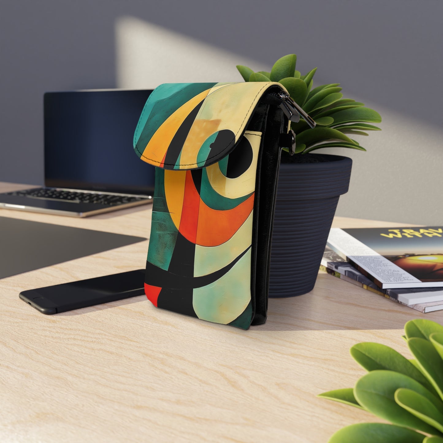 Atomic Age Elegance: Midcentury Modern Small Cell Phone Wallet for Minimalist Home Decor