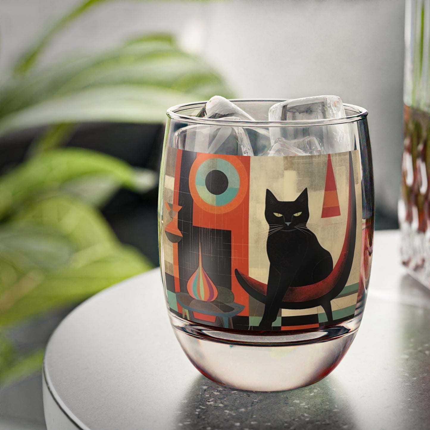 Atomic Whisker Delight: Midcentury Modern Whiskey Glass with Vintage Fashion and Playful Cat Motifs