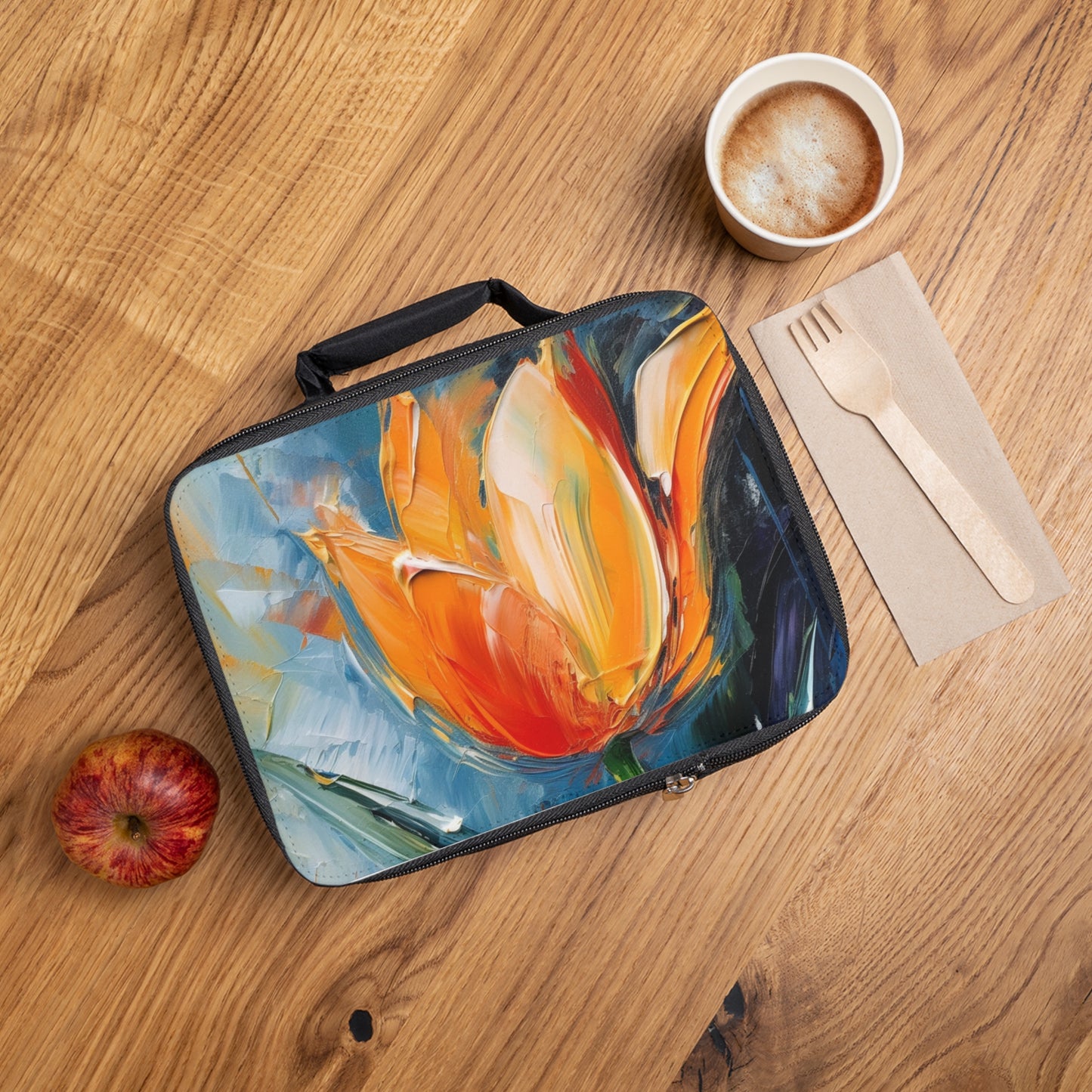 Orange Tulip Magic on Lunch Bag: A Blossoming Artistic Delight