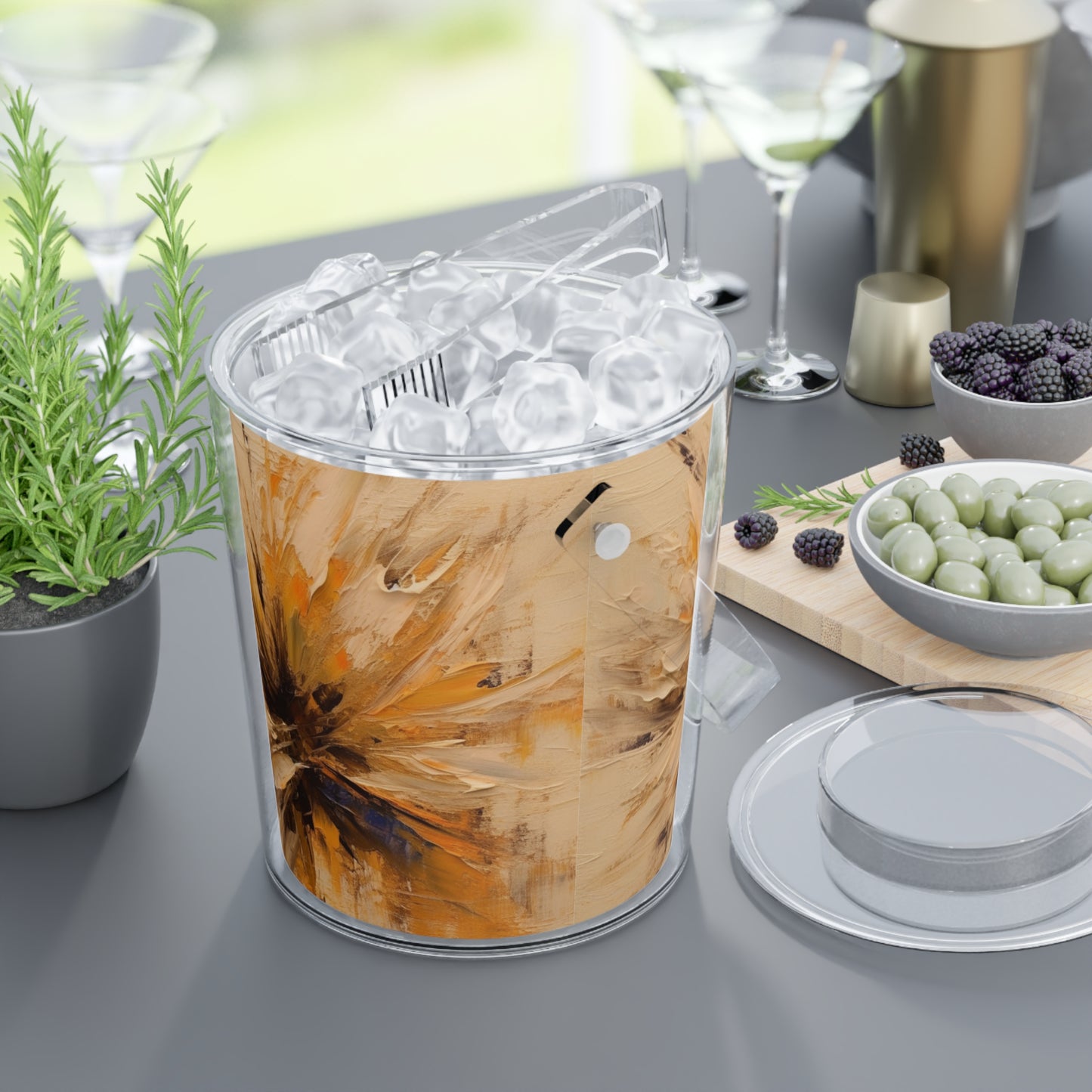 Abstract Tan Hua Painting on Ice Bucket with Tongs: A Fusion of Art and Nature