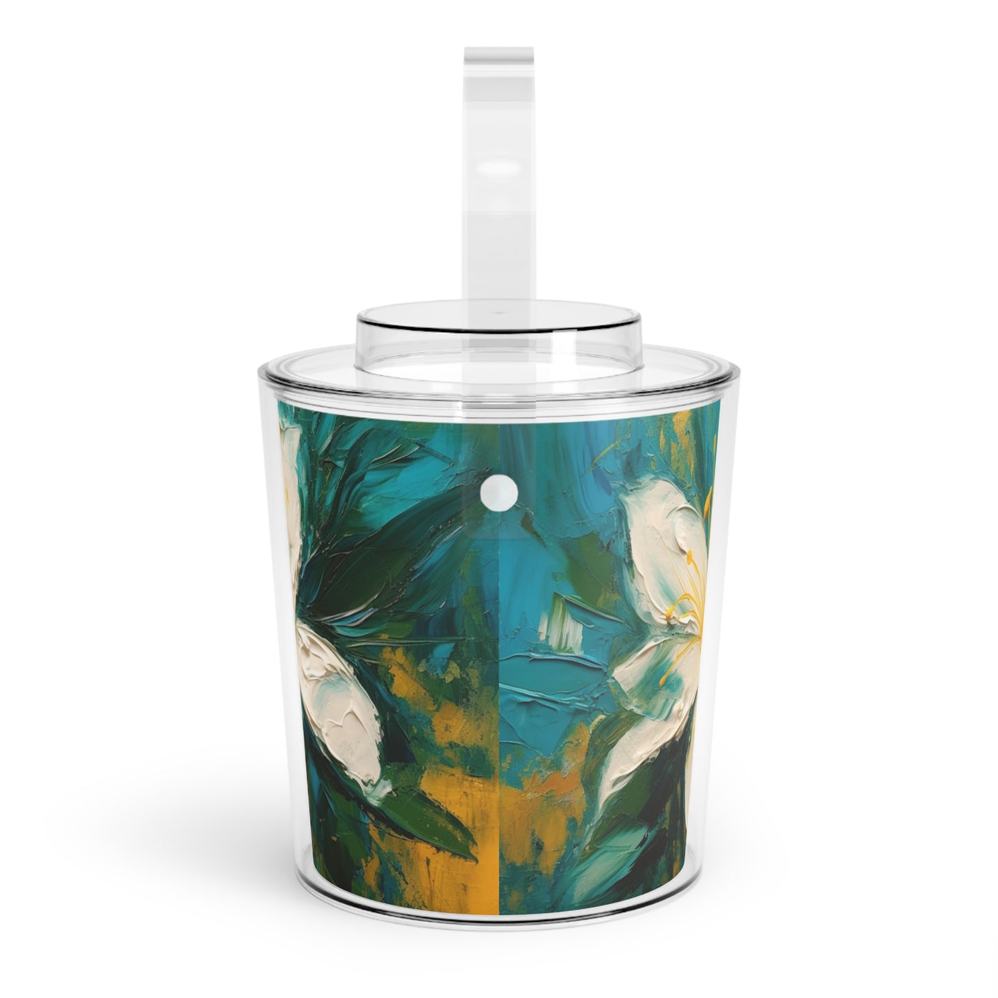 Journey into Artistry: Ice Bucket with Tongs showcasing an Abstract Oil Painting of Jasmine