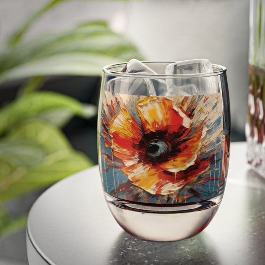 Poppy Symphony: Whiskey Glass with Abstract Floral Artwork