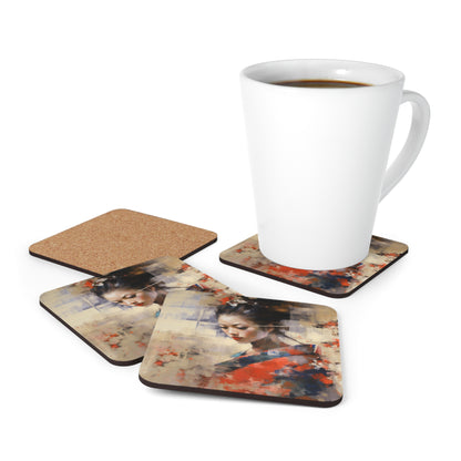 Japanese-Inspired Abstract Oil Painting Corkwood Coaster Set: Celebrating Geisha Beauty