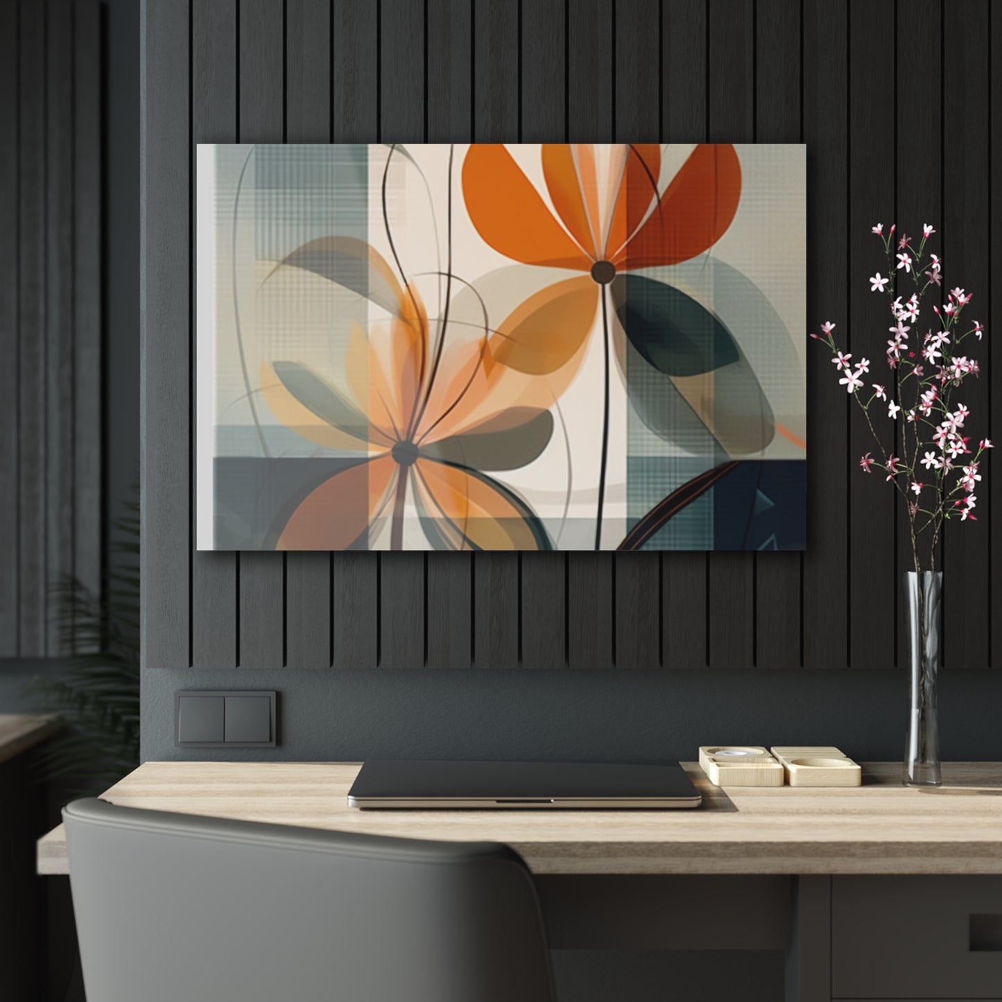 Botanical Chic: Flower Drawings and Minimalist Acrylic Prints Design with Midcentury Flair