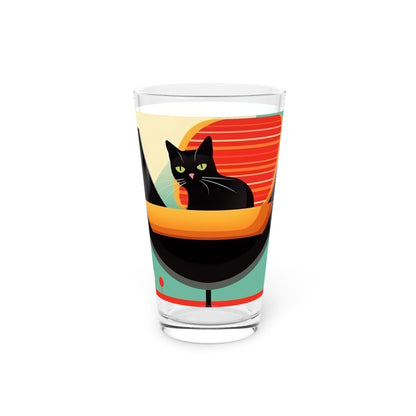 Atomic Feline Fusion: Midcentury Modern Pint Glass with Abstract Cat Art