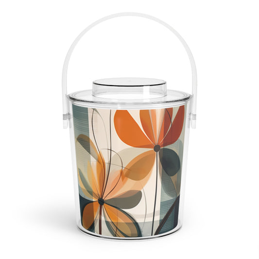 Botanical Chic: Flower Drawings and Minimalist Ice Bucket with Tongs Design with Midcentury Flair