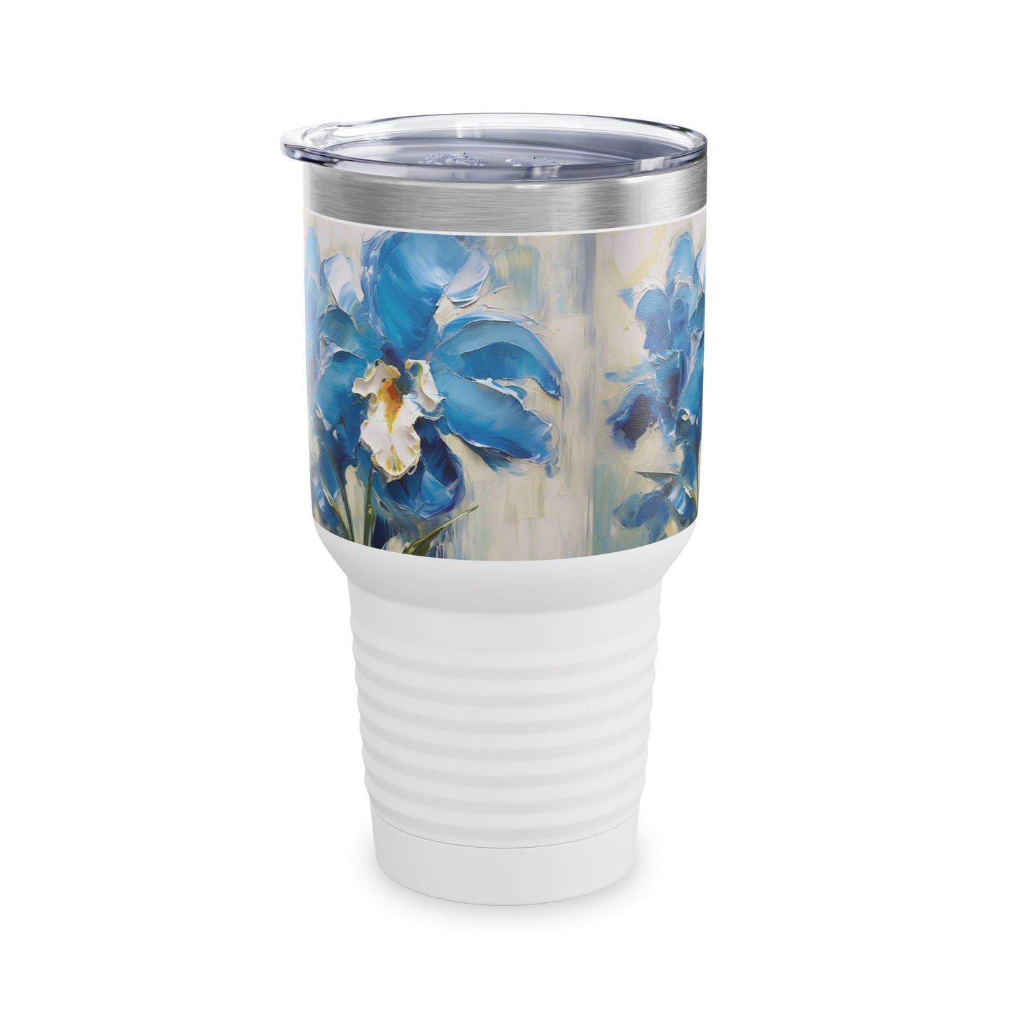 Vibrant Brushwork: Blue Orchid Abstract Painting Ringneck Tumbler, Embrace the Power of Artistic Expression