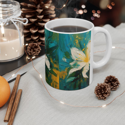 Floral Symphony: Ceramic Mug featuring an Abstract Oil Painting of Jasmine