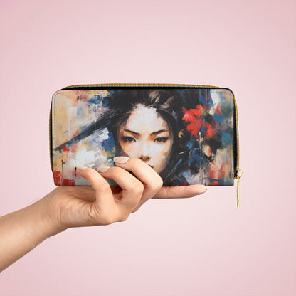 Abstract Geisha Art Zipper Wallet: Captivating Brushstrokes in a Japanese Aesthetic