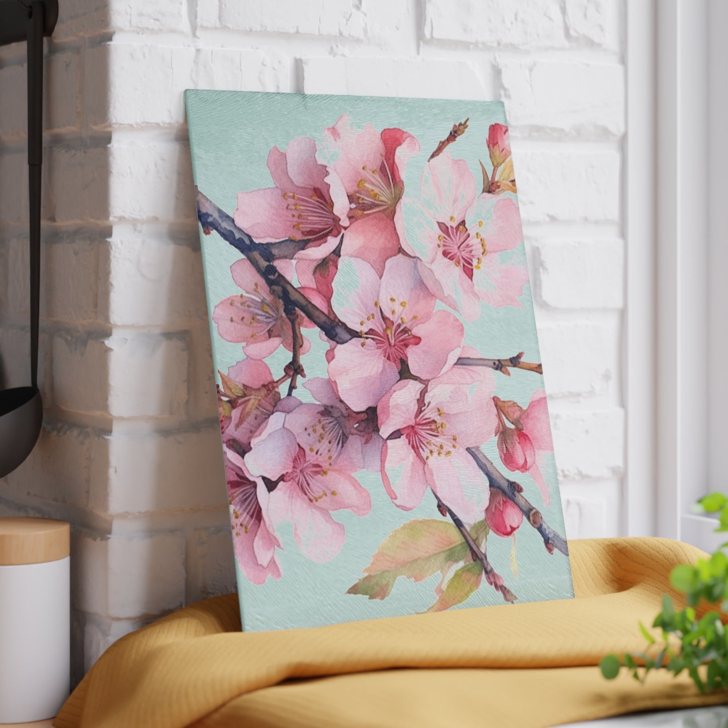 Whimsical Delight: Watercolor Cherry Blossom Tree Glass Cutting Board