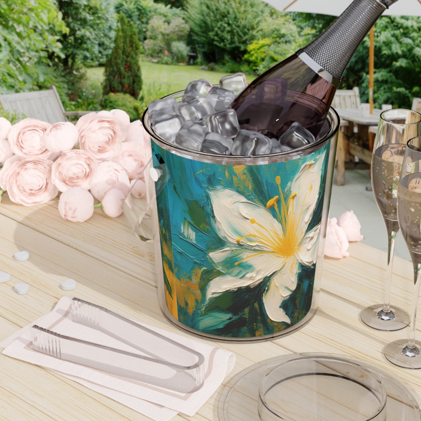 Journey into Artistry: Ice Bucket with Tongs showcasing an Abstract Oil Painting of Jasmine