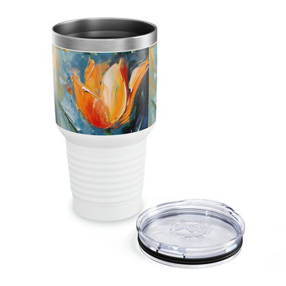 Orange Tulip Magic on Ringneck Tumbler: A Blossoming Abstract Oil Painting