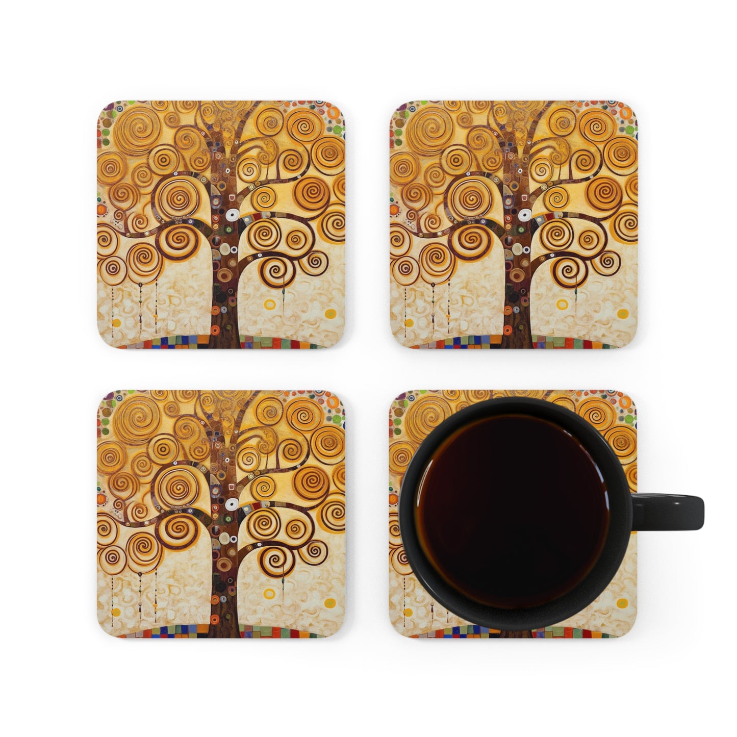 Captivating Artistry: The Tree of Life Corkwood Coaster Set, Inspired by Gustav Klimt's Timeless Masterpiece