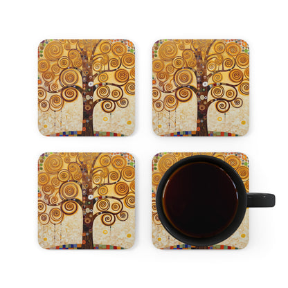 Captivating Artistry: The Tree of Life Corkwood Coaster Set, Inspired by Gustav Klimt's Timeless Masterpiece