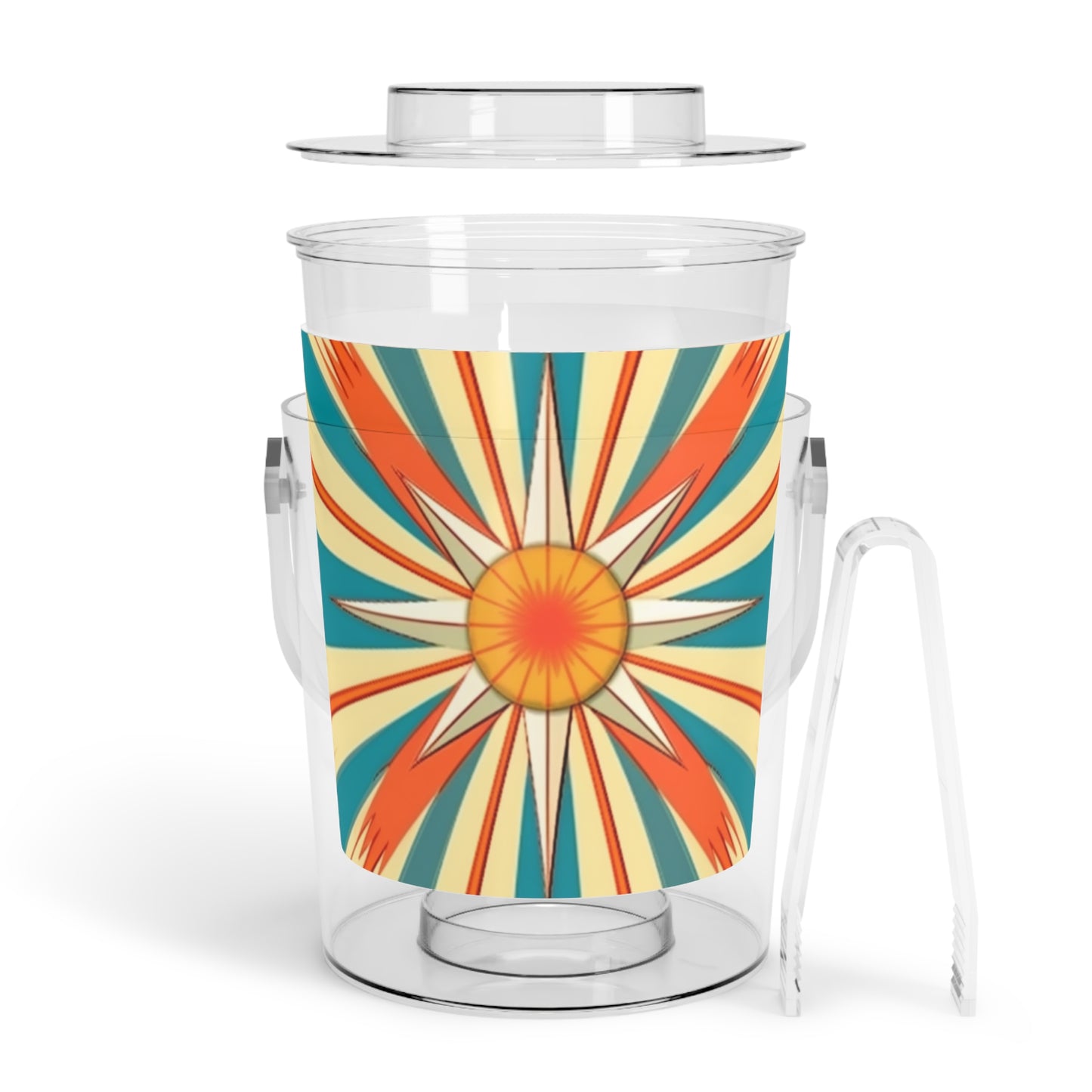 Midcentury Modern Chic: Starburst Candy Colored Ice Bucket with Tongs with Abstract Art Influences