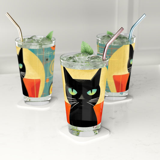 Abstract Cat Expressions: Modern Art-Inspired Midcentury Modern Pint Glass with Timeless Atomic Age Design