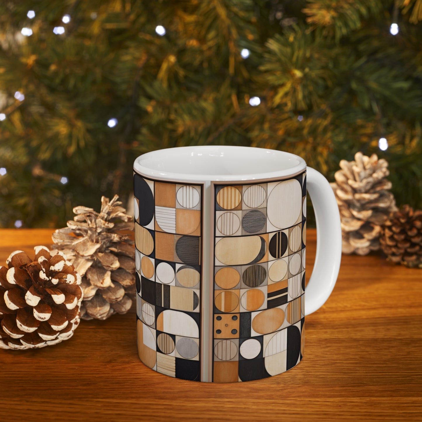 Circular Mosaic Ceramic Mug: Geometric Simplicity in Earthy Tones