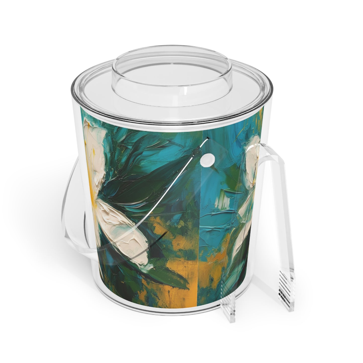 Journey into Artistry: Ice Bucket with Tongs showcasing an Abstract Oil Painting of Jasmine