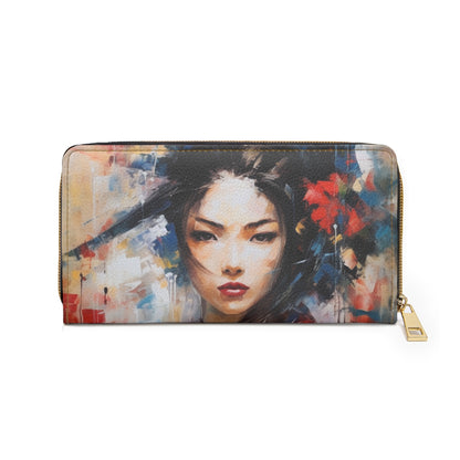 Abstract Geisha Art Zipper Wallet: Captivating Brushstrokes in a Japanese Aesthetic