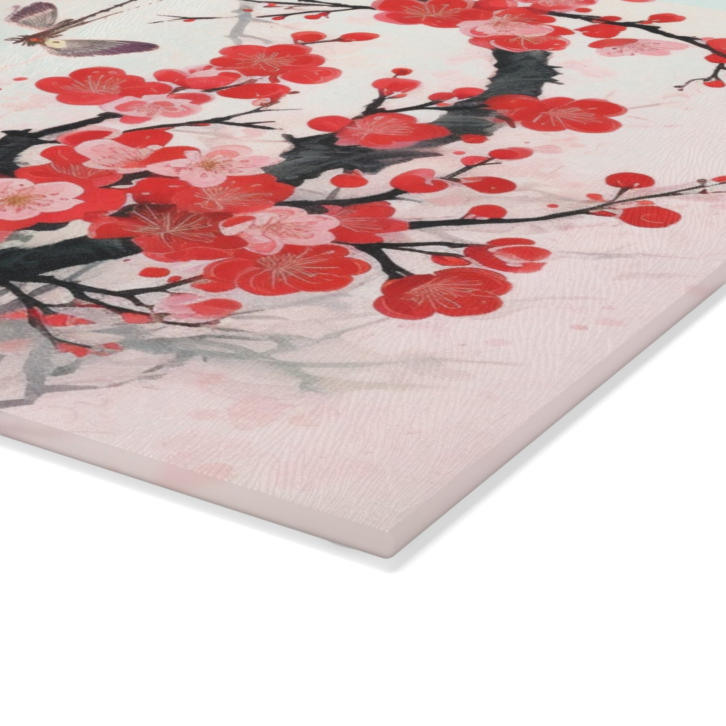 Cherry Blossom Delight: Glass Cutting Board Adorned with Intricate Flower Drawings and Artistry