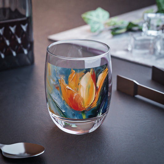 Orange Tulip Magic on Whiskey Glass: A Blossoming Artistic Delight