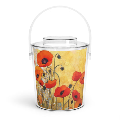 Elevate Your Sip:  Ice Bucket with Tongs Adorned with Gustav Klimt's Poppies
