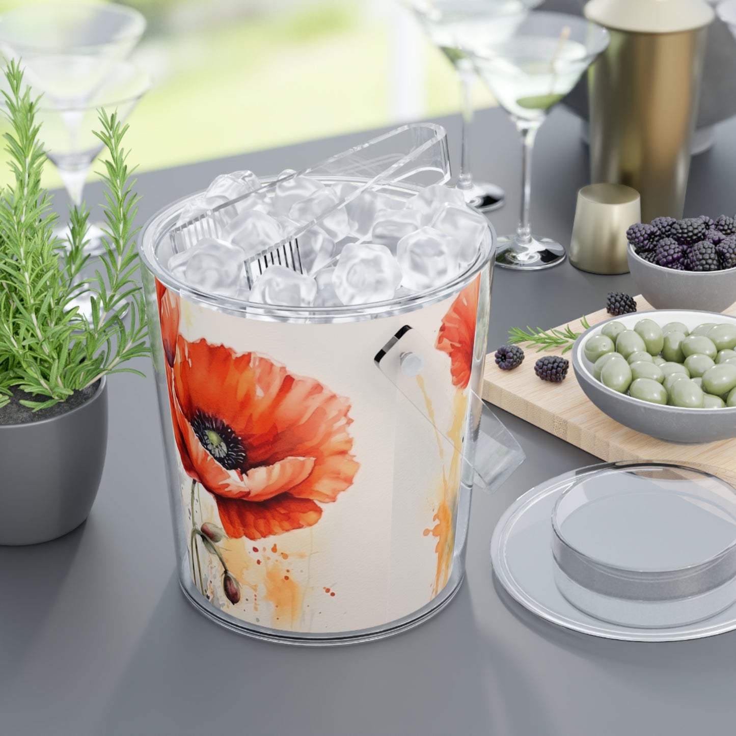 Whimsical Poppy Flower Watercolor Ice Bucket with Tongs: An Artistic Delight