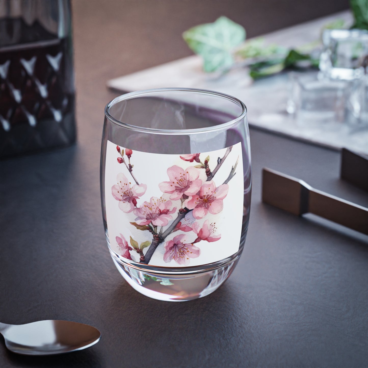 Blossoming Serenity: Watercolor Cherry Blossom Whiskey Glass