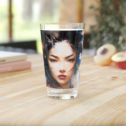 Abstract Geisha Art Pint Glass: Captivating Brushstrokes in a Japanese Aesthetic