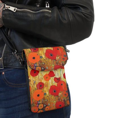 Floral Symphony: Small Cell Phone Wallet showcasing Gustav Klimt's Poppies in Art Nouveau