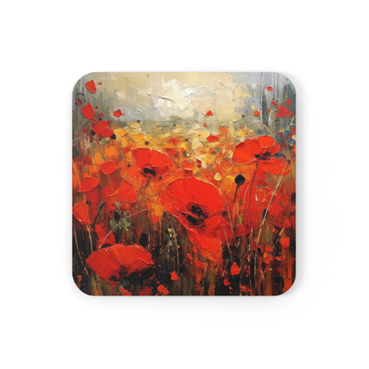 Whimsical Poppy Art on Corkwood Coaster Set