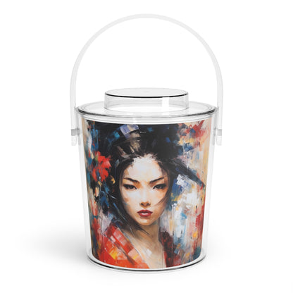 Abstract Geisha Art Ice Bucket with Tongs: Captivating Brushstrokes in a Japanese Aesthetic