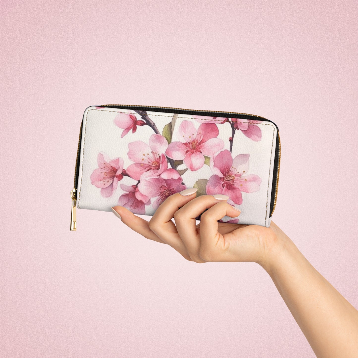 Artistic Flourish: Floral Watercolor Cherry Blossom Zipper Wallet