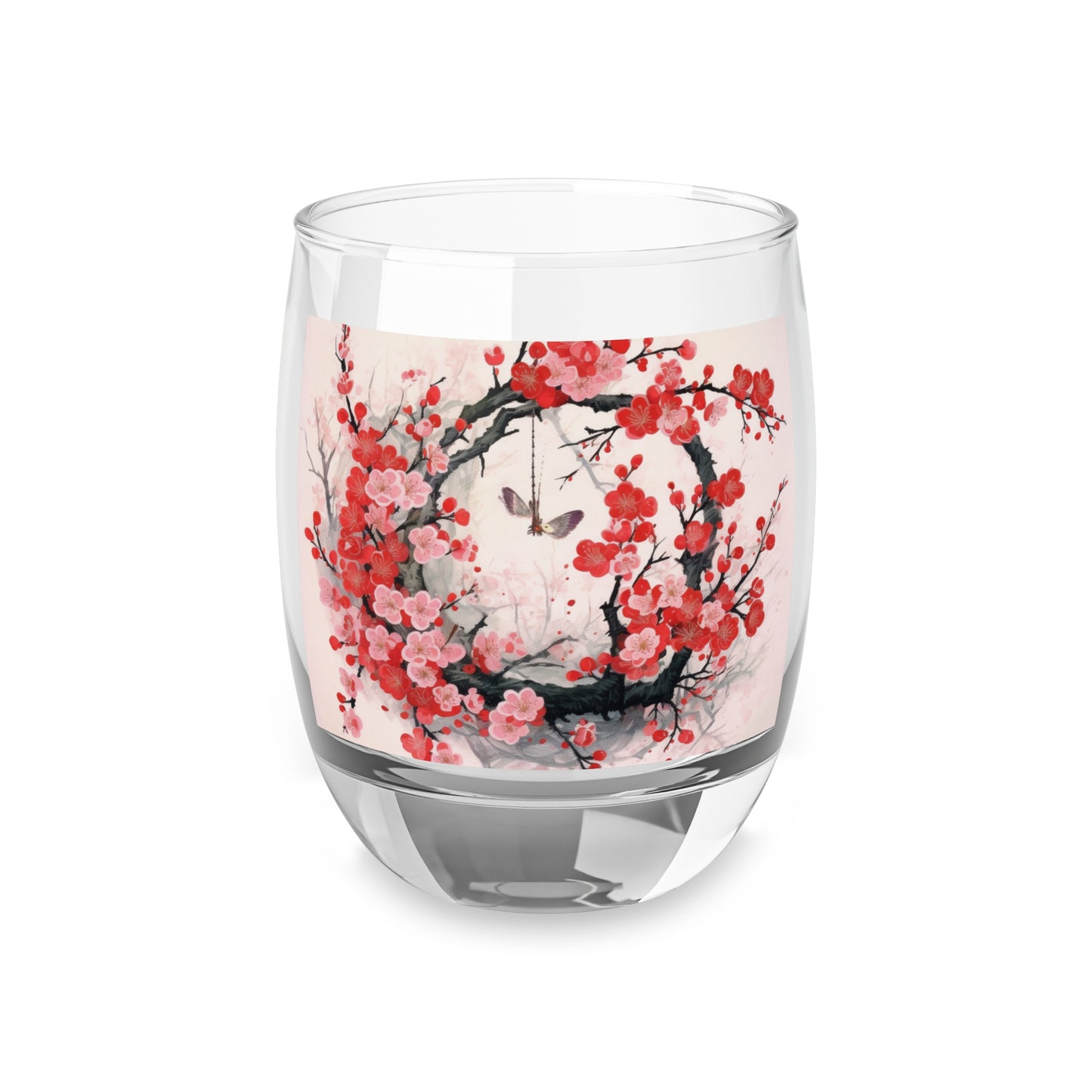 Cherry Blossom Delight: Whiskey Glass Adorned with Intricate Flower Drawings and Artistry