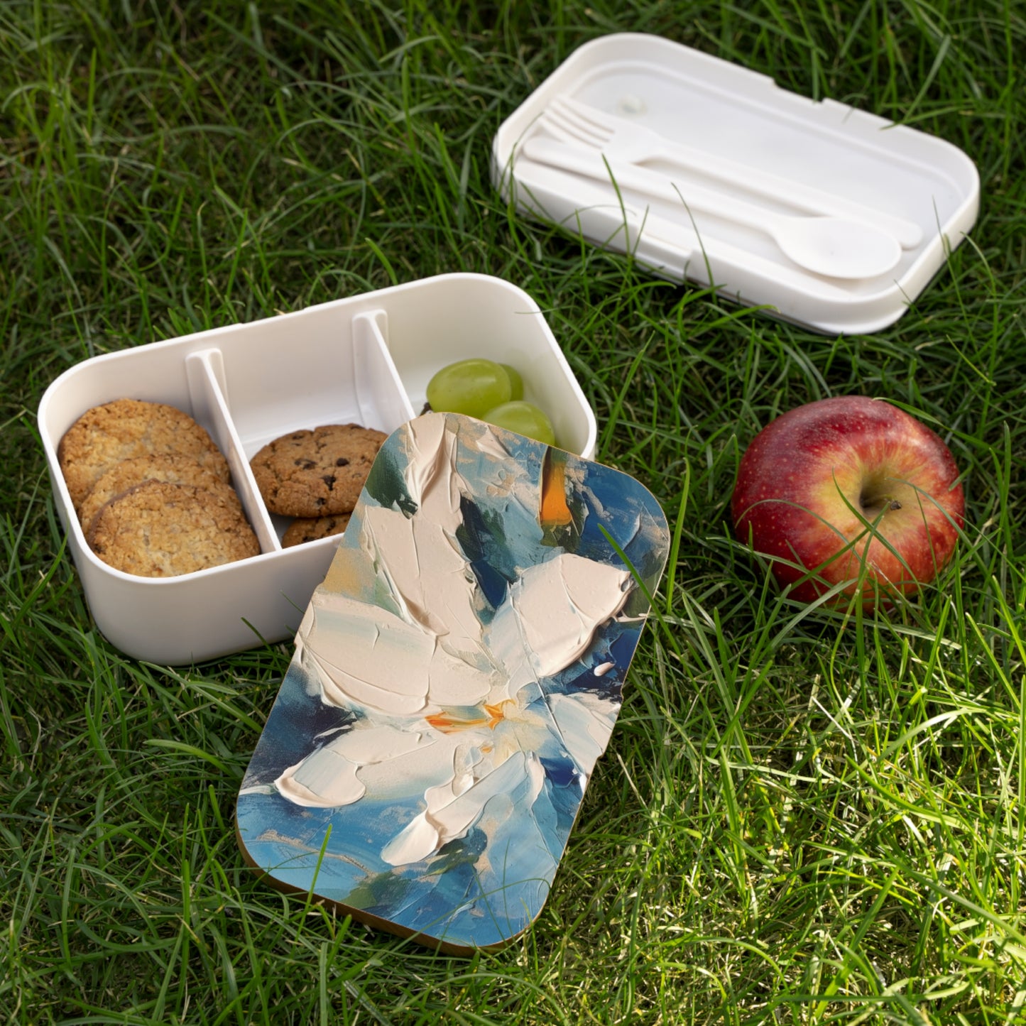 Journey into Artistry: Bento Box showcasing an Abstract Oil Painting of Jasmine