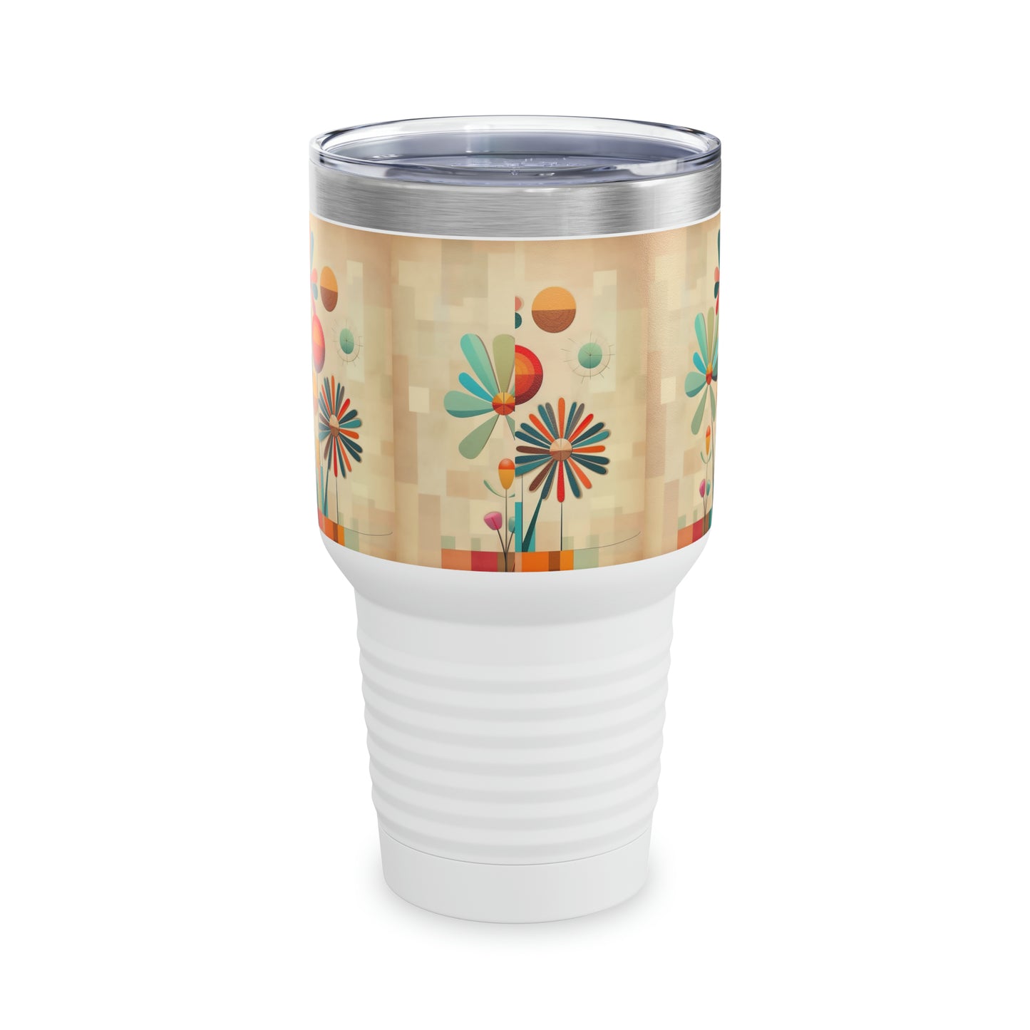 Elegant Blossoms: Midcentury Modern Ringneck Tumbler with Intricate Flower Drawings