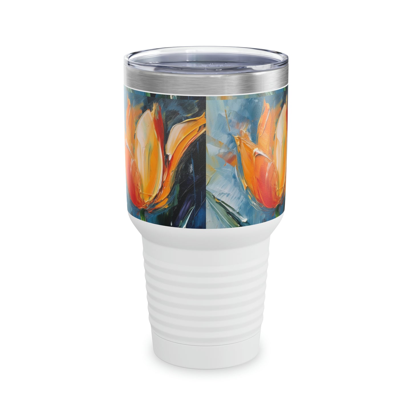 Orange Tulip Magic on Ringneck Tumbler: A Blossoming Abstract Oil Painting