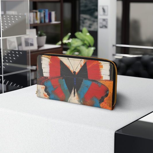 Bauhaus-Inspired Butterfly Symphony: Zipper Wallet with Vibrant Colors and Intricate Details